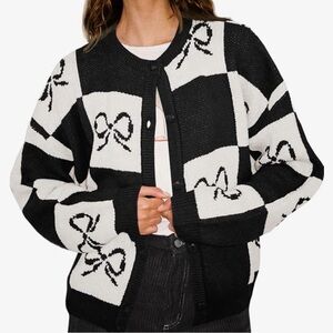 Womens Checkered Sweater Bow Color Block Plaid Cardigan